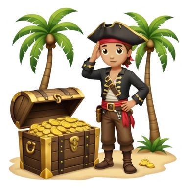 kid pirate with hand on forehead looking for something, one foot on treasure chest, palm trees in background sticker