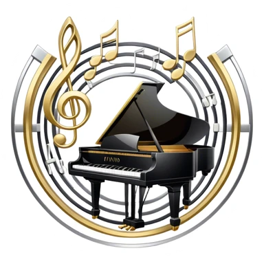 Create an elegant and festive emoji collage representing keyboard instruments, styled like a heraldic emblem. The design should feature a central focal point of black and white piano keys, arranged in a semi-circular or shield-like shape. Around the piano keys, add intertwining musical notes that form flowing ribbons, creating a dynamic and celebratory atmosphere. The design should be professional, with polished silver and gold accents on the keys and notes, highlighting the luxury and sophistication of the instruments. Add subtle shading and lighting effects to give the design a refined, 3D appearance. The background should remain transparent, and the overall feel should evoke grandeur, artistry, and a sense of celebration. sticker