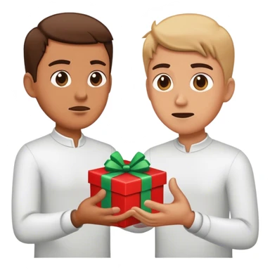 One person aggressively extending a hand forward in refusal while another offers a gift sticker