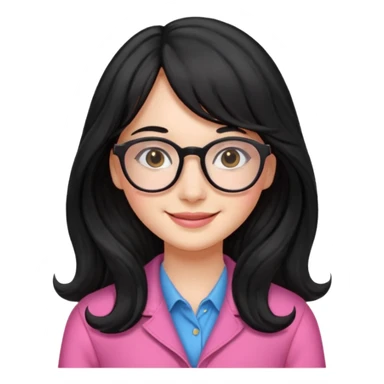 Please generate a portrait of a pretty girl with long, wavy, black hair. She's smiling. She also wears a middle parting and bangs. with glasses pink clothing sticker