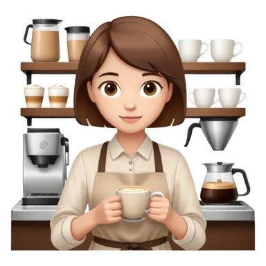 cute girl with short brown hair, wearing a beige barista apron over a white blouse, holding a coffee cup with latte art, faceless design sticker