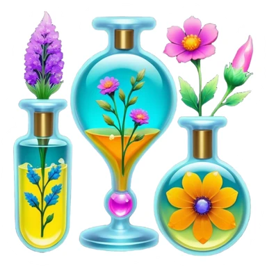 Epoxy resin art icon, jewelry and decorative items made with fluorescent epoxy resin, glowing effect on the resin, finished resin jewelry with dried flowers embedded inside, visible tubes of resin with bright colors, mixing tools, and molds, minimalistic style, clean lines, transparent background sticker