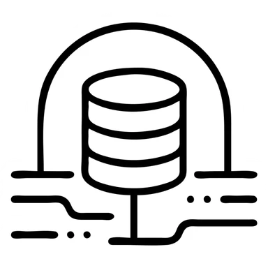 outlined icon of stacked database cylinders in a basement or underground setting with abstract data streams, worn and distressed effect, detailed icon sticker