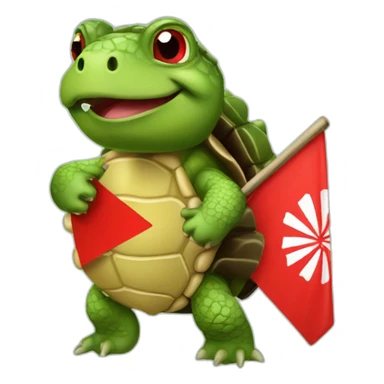 A cute green little snapping turtle with a red warning flag sticker