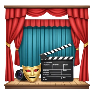 Icon for Acting in Theatre: a stage with curtains, a theater mask, a film camera, and a clapperboard. The design should represent theatrical performance and acting techniques. Transparent background. sticker