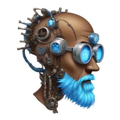 Brown cyborg head with blue Mohawk, blue beard, silver steampunk monocle goggles a smile and circuits sticker