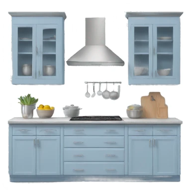 Realistic front facing hanging powder blue and silver kitchen cabinets. sticker
