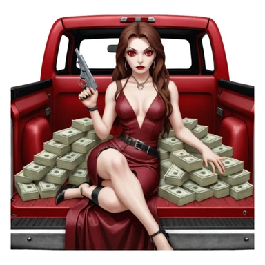 Lilith red eye seductress evil long brown haired sexy succubus woman with leather long dress with slit on, sitting in Big Large F350 pickup truck. Back seat full of stacks of cash, she is  Holding a human skull of her enemies and a gun in other hand sticker