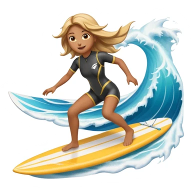 High-resolution detailed emoji of a wingfoil surfer girl, vibrant and expressive style. She is riding a hydrofoil board above ocean waves, holding an inflated wing sail overhead.  sticker