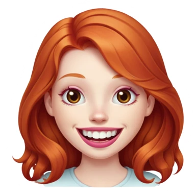 Young girl with pale skin, longer face, full pink lips smiling with big teeth, very long ginger red hair, big brown eyes, bigger nose, big mouth sticker