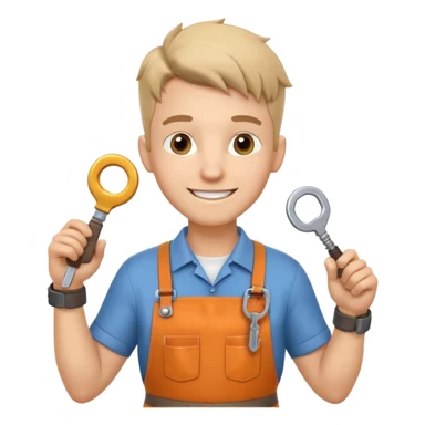 locksmith portrait, head and shoulders only, wearing work apron collar, holding a key near face, friendly confident smile, tool belt strap visible, 3D cartoon, mobile game icon style, clean background, no text, no watermark

 sticker