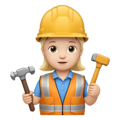 toddler wearing oversized construction helmet and safety vest holding tiny hammer, 3D emoji style sticker