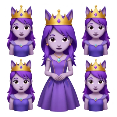  a cute princess wearing a purple dress and crown with purple hair and purple wolf ears and purple wolf tail character. Each square shows the character doing different actions against a white background And make a gap between each illusion sticker