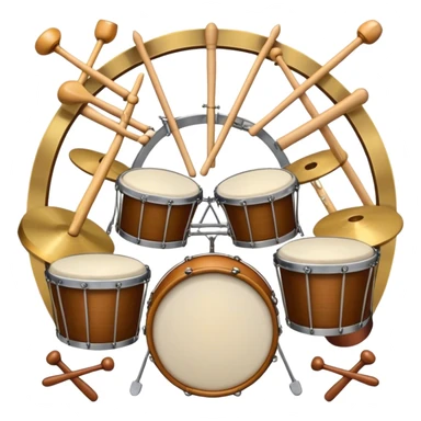 Create a professional, emblem-like emoji representing percussion instruments, including both traditional and folk drums. Feature a snare drum, bass drum, timpani, cymbals, marimba, tambourine, djembe, bongos, cajón, triangle, castanets, and ratchets in a balanced, heraldic composition. Crossed drumsticks at the center symbolize rhythm, while a ribbon of musical notes weaves around the instruments. Use rich gold, mahogany, and silver tones with polished highlights. Add laurel wreaths and subtle engravings for a grand, festive feel. The design should be harmonious, visually complete, and on a transparent background. sticker