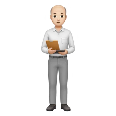 man mid 30's shirt and trousers balding hairline standing holding a clipboard sticker