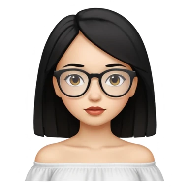A light skinned girl with straight black hair on shoulder length wearing a white off shoulder and glasses sticker