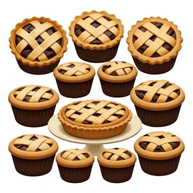 Baking community avatar in clean emoji-style illustration. Pies, cookies, and muffins grouped together, warm golden tones, simple shapes, flat design, high contrast, cozy and friendly. sticker