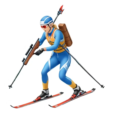 An icon featuring a biathlete in motion, holding a rifle and skiing across a snowy course. The backdrop includes snow-covered trees, distant mountains, and a clear blue sky. Transparent background highlights the precision, endurance, and excitement of biathlon. sticker