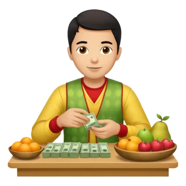 chico piel clara pelo negro con ropa de frutero sentado en una mesa contando mucho dinero sticker