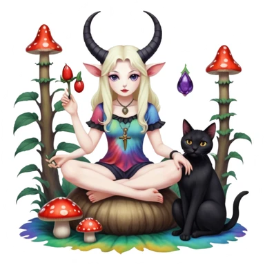 Feminine Baphomet sitting on a tiedye mushroom petting a cat sticker