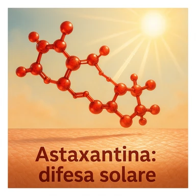 hyper realistic red astaxanthin molecule protecting skin from sun damage, red molecule above skin with UV rays, positive atmosphere, realistic details, text 'Astaxantina: difesa solare' sticker