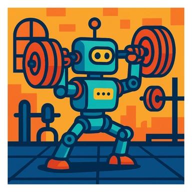 a robot lifting weights in a gym, vibrant cartoon style sticker