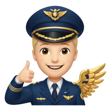 Slack-style emoji of a pilot wearing a slightly tilted navy captain hat with gold wings, giving a thumbs-up, big cheerful smile, eyes closed or happy squint sticker