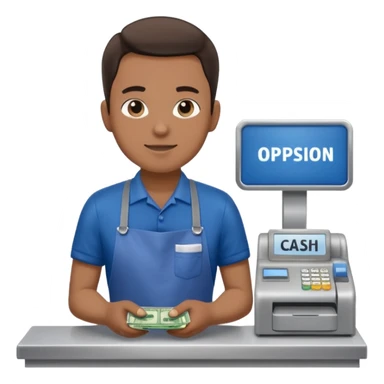 Supermarket employee at a cash register, full body, serving a man sticker