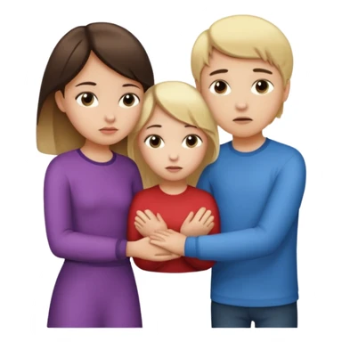  iOS emoji style.
A girl holding hands with two boys at the same time,one boy si brunette the other blonde, one on each side. the brunette one is kised by the girl but the blonde one si holding hand with her
The girl has a suspicious, guilty expression
 smooth gradients, rounded shape sticker