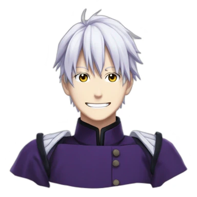 Satoru Gojo with his blue eyes,long medium white hair, a big friendly smile, dark violet uniform from jujutsu kaisen sticker