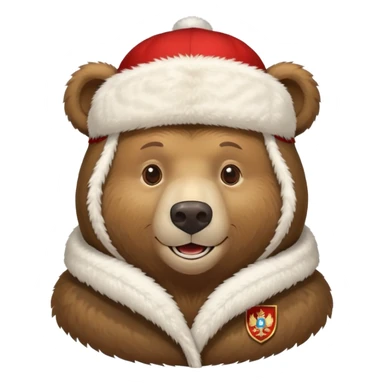 Russian brown bear wearing a white furry ushanka hat with Russian coat of arms emblem in the center, front view, iOS emoji style sticker