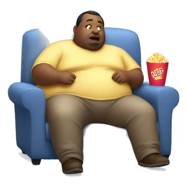 fat man lazy on couch watching tv with popcorn sticker