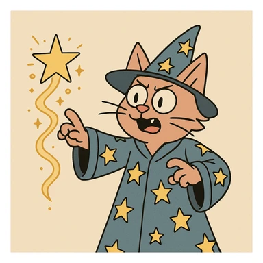 A cat wizard wearing a starry robe casting a spell, cartoon style sticker