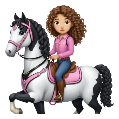 Realistic mixed race girl with long curly hair, riding a big black and white draft horse, wearing pink harness and saddle  sticker