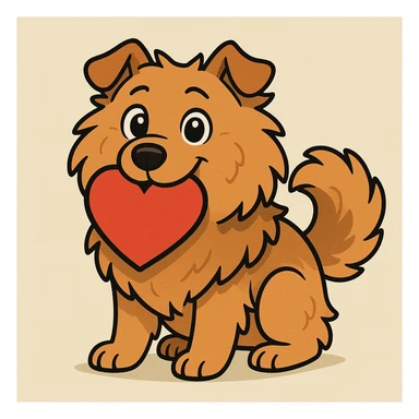 cute cartoon-style Golden Retriever and Chow Chow mix dog holding a red heart in its mouth, big eyes, fluffy fur, playful look, simple background sticker
