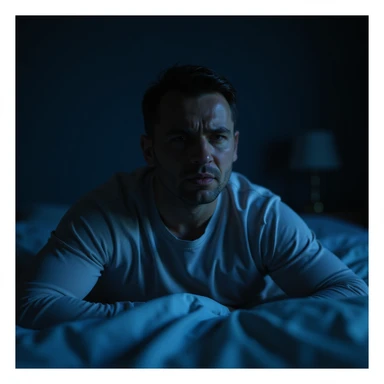 realistic hyperrealistic 4K image of a man waking up in the middle of the night, sitting on the bed with anxious and worried expression, dark room illuminated only by soft blue light, showing signs of tiredness and agitation on the face sticker