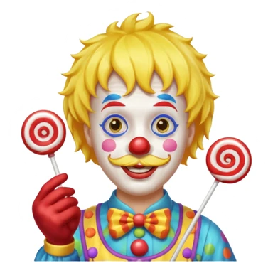 Funny clown — yellow wig, mustache, candy in hand sticker