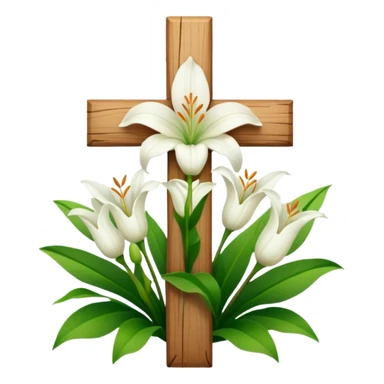 A wooden cross with white lilies around the bottom.. No lilies on the centre of the cross.  sticker