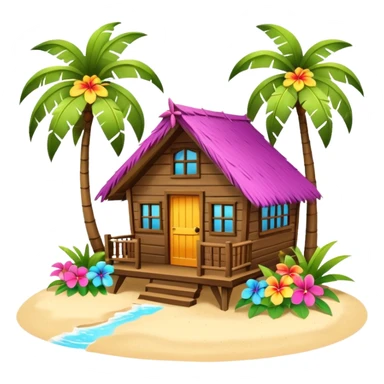Hawaiian beach house, small tropical house, wooden walls, thatched roof, colorful flowers, palm trees, cute mobile game icon, 3D cartoon, bright colors, soft shadows, clean background, no text, no watermark sticker