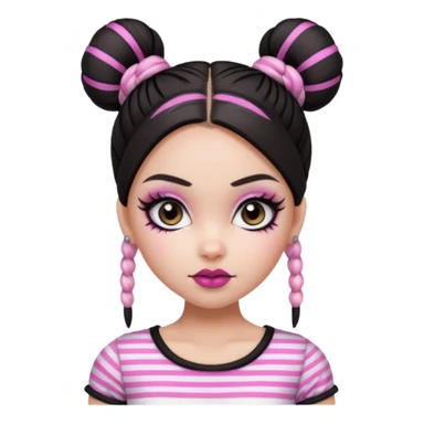 generate a pretty fair bratz girl with dark brown eyes. Dark brown hair straight hair with pink highlights tied into buns.  eyeliner. black lipstick. Black and white striped top.  sticker
