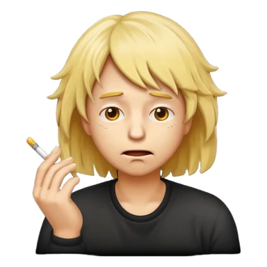 stressed classic yellow emoji looking down shaking head wearing a disheveled wig with a cigarette in hand sticker