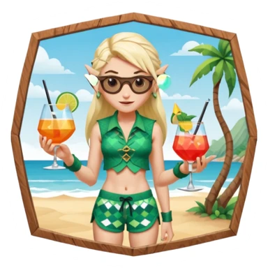 elf female legolas portrait, patterned board shorts (geometric/abstract), unique wooden-framed sunglasses, undercut hairstyle, slight smirk, visible pointy ears, no background, centered emoji, hipster summer vibe coctails  sticker