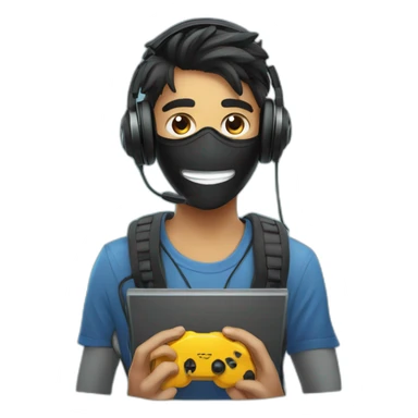 happy Indian teen gamer with gaming headphones and black mask with computer in background sticker