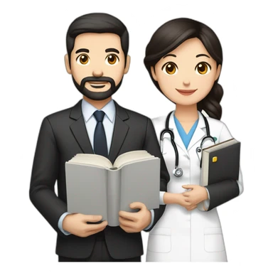 husband age 40 dark brown hair trimmed beard wearing dark business suit holding bible, wife asian age 40 black hair wearing nurse uniform, no children sticker