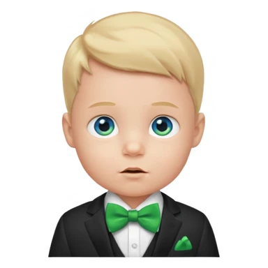 baby boy blue eyes, in suit, with green bow sticker