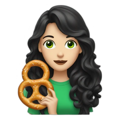 A Woman with green eyes and black wavy long hair eating a pretzel  sticker