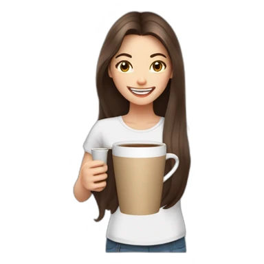 white young brunet woman with long hair with face visible huge smile and eyes wide open holding a cup of coffee the same size of her head sticker