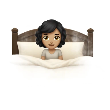 white girl with short black hair laying full body in a big bed with a beige comforter  sticker