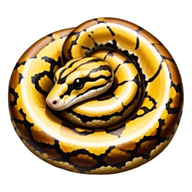 A photo-realistic top-down view of a Ball Python gently coiled into a tight spiral, with its head resting peacefully at the center. Its scales are warm brown with bold, irregular black markings, including the distinctive “alien-head” pattern, flowing smoothly along its body.  sticker