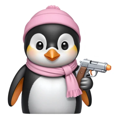 cute penguin wearing light pink bow scarf and holding light pink gun  sticker
